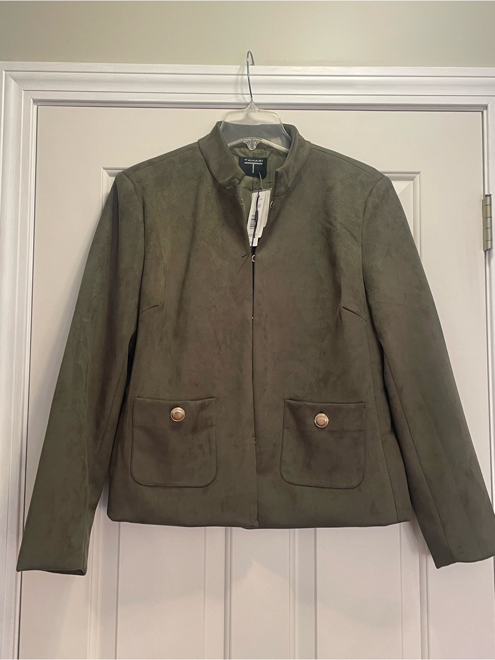 T Tahari Olive Collarless Suede-Style Jacket